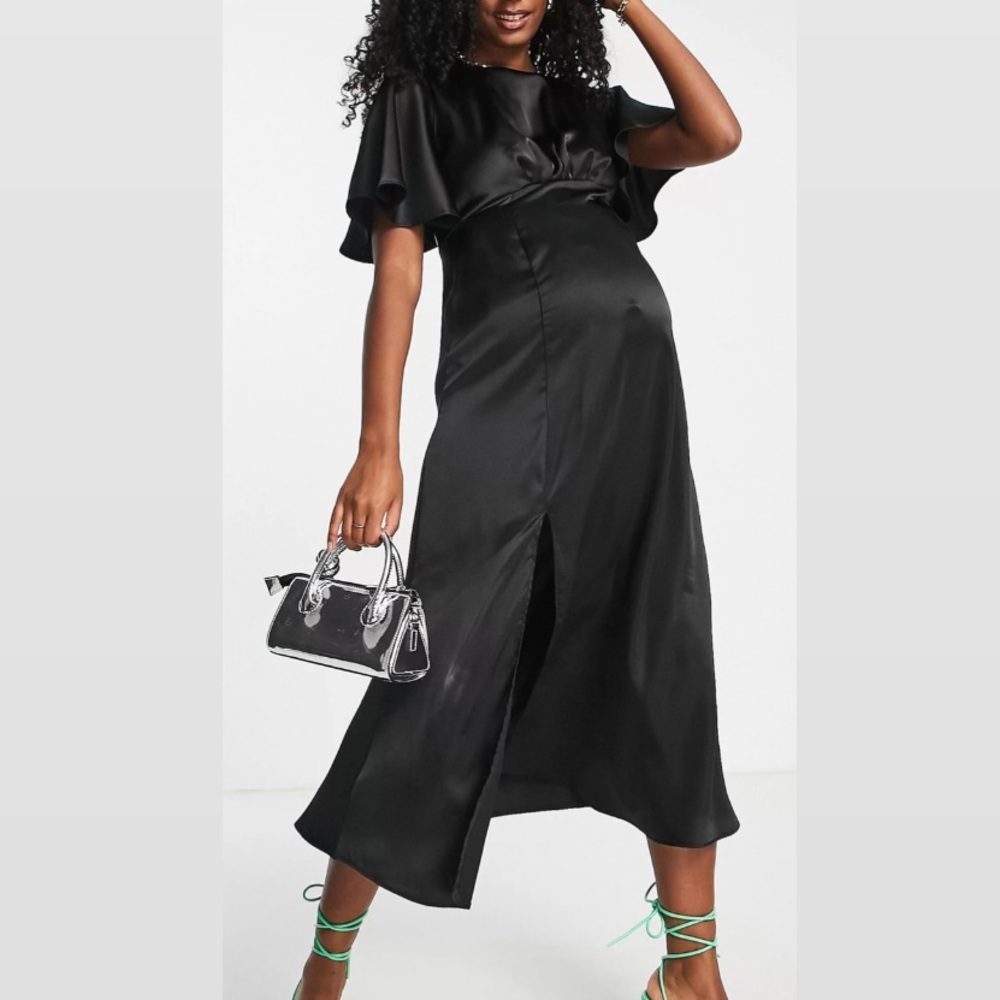 Queen Bee Maternity satin midi dress with angel sleeves in black, Size US 6 NWT